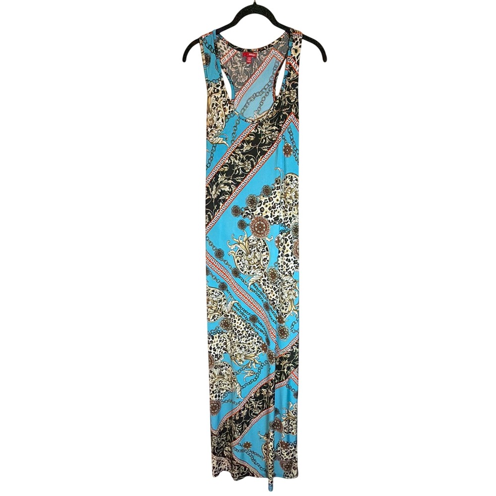 Bongo Blue Baroque Leopard Chain Print Racerback Maxi Dress Womens Medium